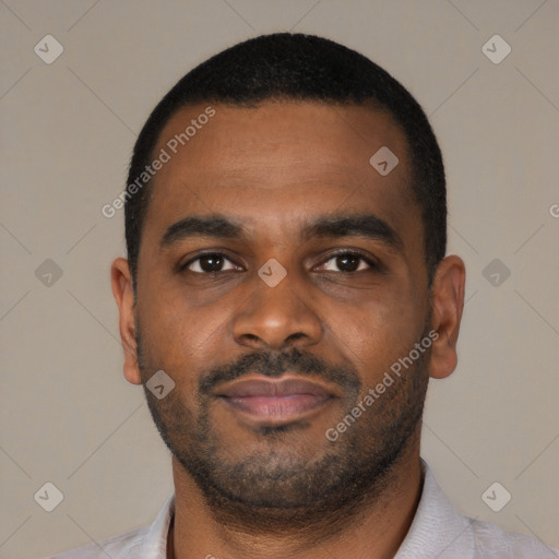 Neutral black young-adult male with short  black hair and brown eyes