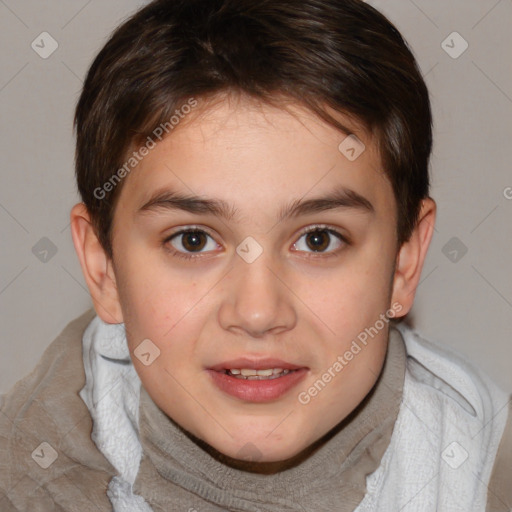 Joyful white child female with short  brown hair and brown eyes