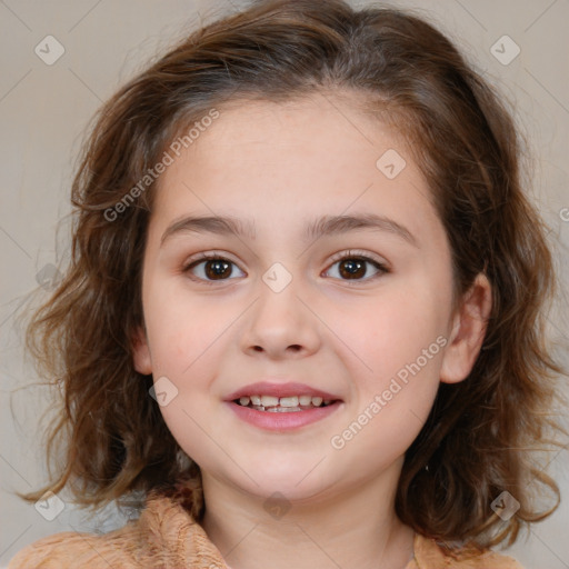 Joyful white child female with medium  brown hair and brown eyes