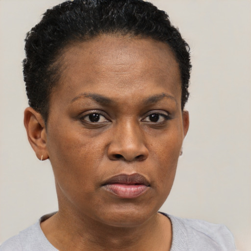 Neutral black young-adult female with short  black hair and brown eyes