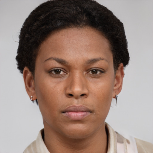 Neutral black young-adult female with short  brown hair and brown eyes