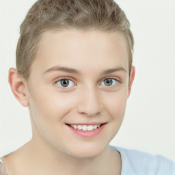 Joyful white child female with short  brown hair and brown eyes