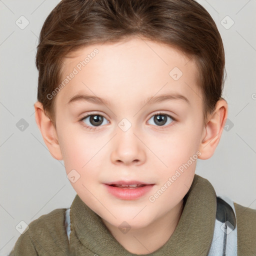 Joyful white child female with short  brown hair and brown eyes