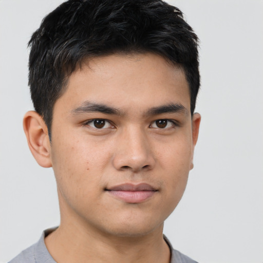 Neutral asian young-adult male with short  black hair and brown eyes