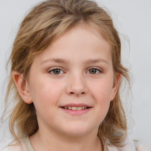 Joyful white child female with medium  brown hair and blue eyes