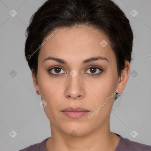 Neutral white young-adult female with short  brown hair and brown eyes