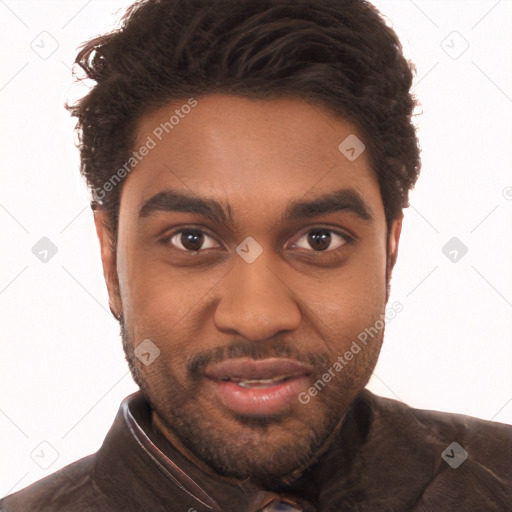 Joyful black young-adult male with short  black hair and brown eyes