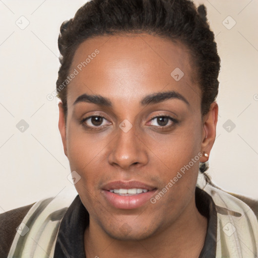 Joyful white young-adult female with short  brown hair and brown eyes