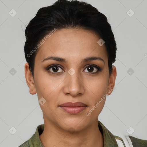 Joyful latino young-adult female with short  brown hair and brown eyes