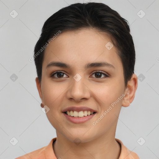 Joyful white young-adult female with short  brown hair and brown eyes