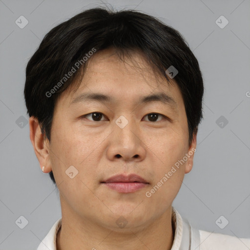 Neutral asian adult male with short  brown hair and brown eyes