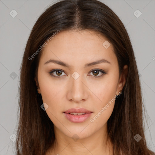 Neutral white young-adult female with long  brown hair and brown eyes