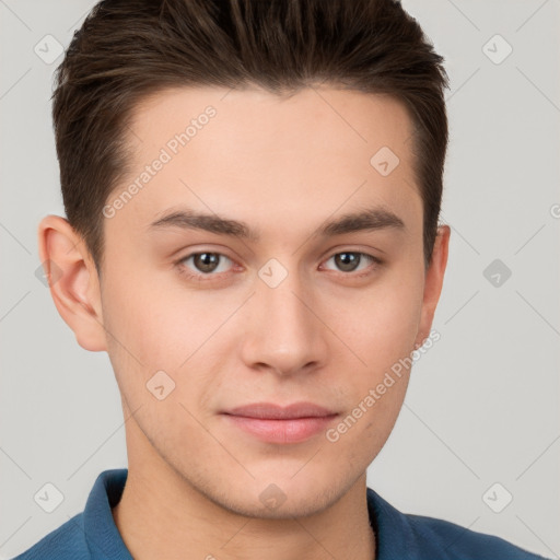 Neutral white young-adult male with short  brown hair and brown eyes