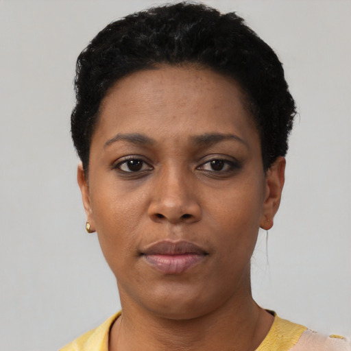 Neutral black young-adult female with short  black hair and brown eyes
