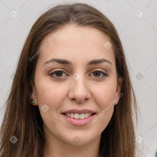 Joyful white young-adult female with long  brown hair and grey eyes