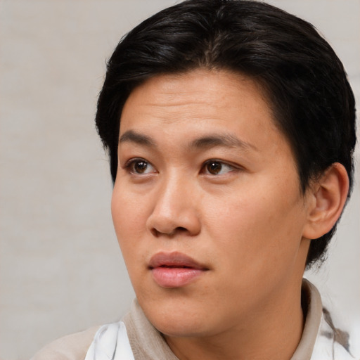 Neutral asian young-adult female with short  brown hair and brown eyes