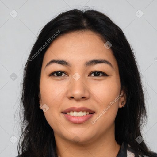 Joyful asian young-adult female with long  brown hair and brown eyes