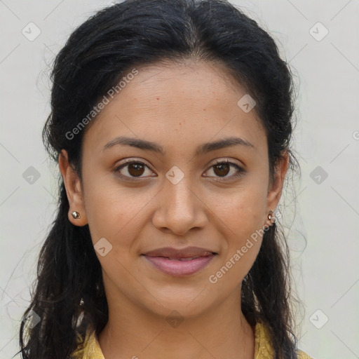 Joyful latino young-adult female with long  brown hair and brown eyes