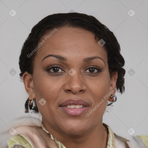 Joyful latino young-adult female with short  brown hair and brown eyes