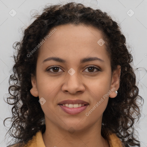 Joyful latino young-adult female with long  brown hair and brown eyes