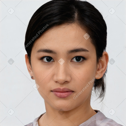 Neutral asian young-adult female with medium  black hair and brown eyes