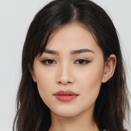 Neutral asian young-adult female with long  brown hair and brown eyes