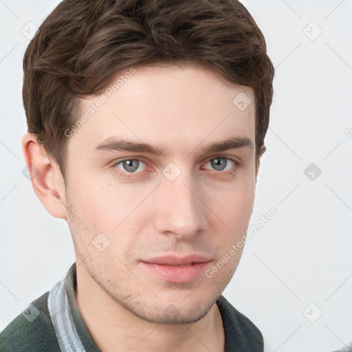 Neutral white young-adult male with short  brown hair and grey eyes