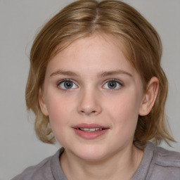 Joyful white child female with medium  brown hair and blue eyes