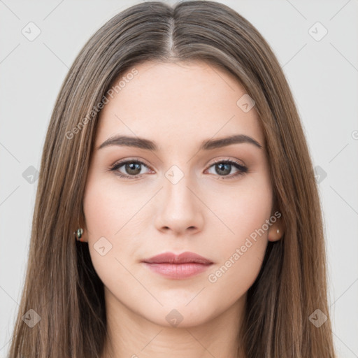 Neutral white young-adult female with long  brown hair and brown eyes