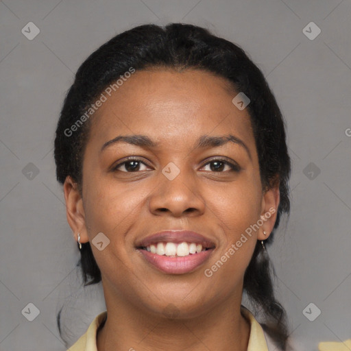 Joyful latino young-adult female with long  black hair and brown eyes