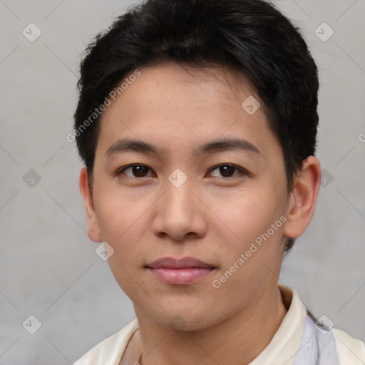 Neutral asian young-adult male with short  brown hair and brown eyes