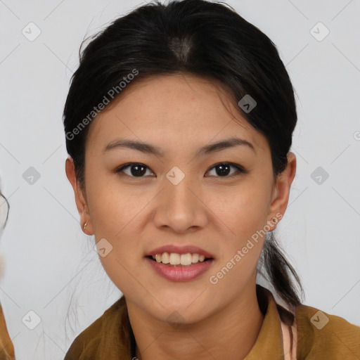 Joyful asian young-adult female with medium  brown hair and brown eyes