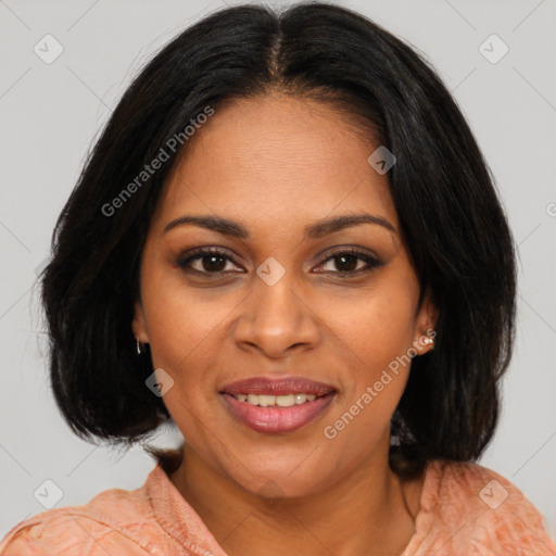 Joyful black young-adult female with medium  brown hair and brown eyes