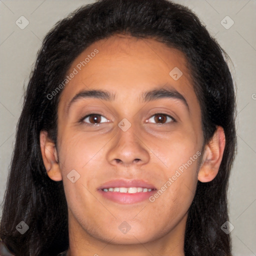 Joyful white young-adult female with long  brown hair and brown eyes