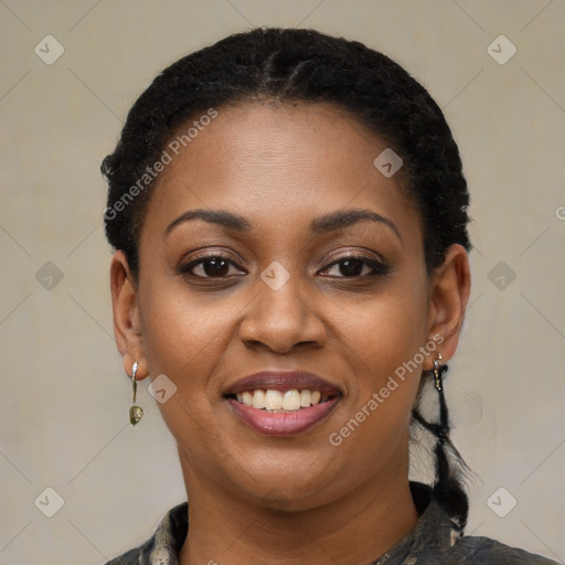 Joyful latino young-adult female with short  black hair and brown eyes