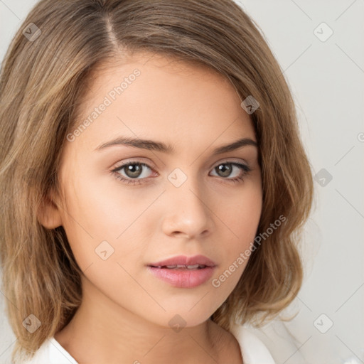 Neutral white young-adult female with medium  brown hair and brown eyes