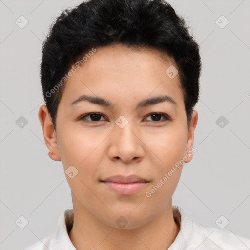 Joyful asian young-adult female with short  brown hair and brown eyes