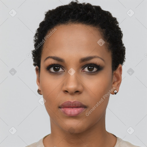 Neutral latino young-adult female with short  black hair and brown eyes