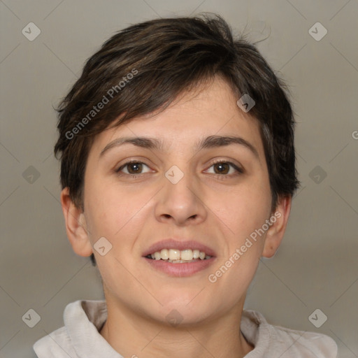 Joyful white young-adult female with short  brown hair and brown eyes