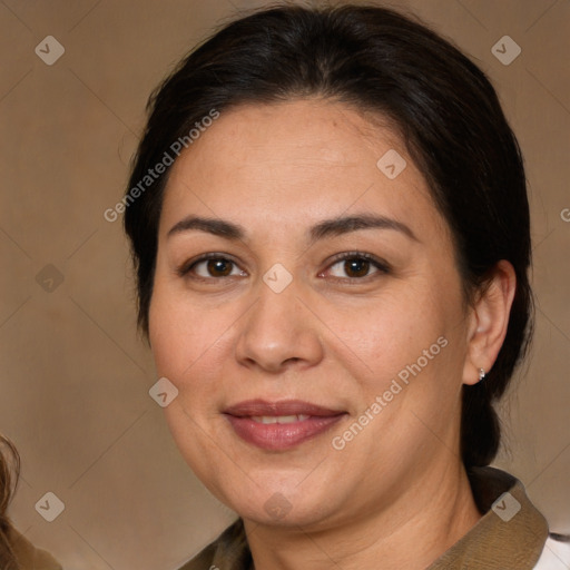 Joyful white adult female with medium  brown hair and brown eyes