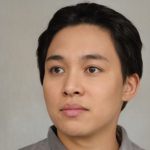 Neutral asian young-adult male with short  brown hair and brown eyes