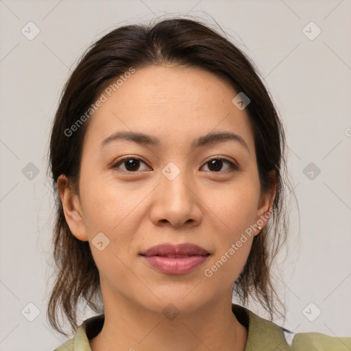 Joyful white young-adult female with medium  brown hair and brown eyes