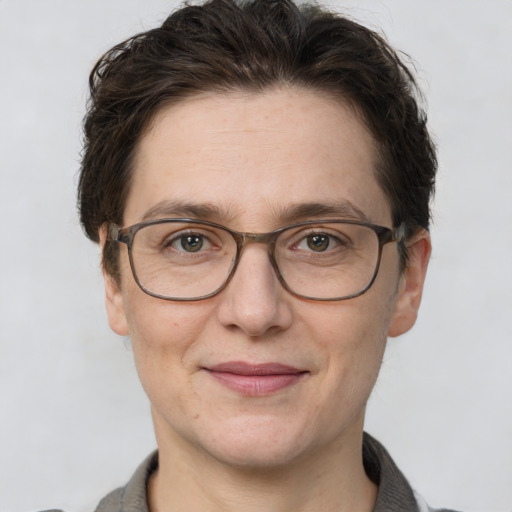 Joyful white adult female with short  brown hair and grey eyes