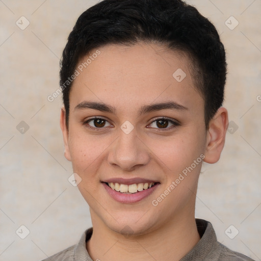 Joyful white young-adult female with short  brown hair and brown eyes