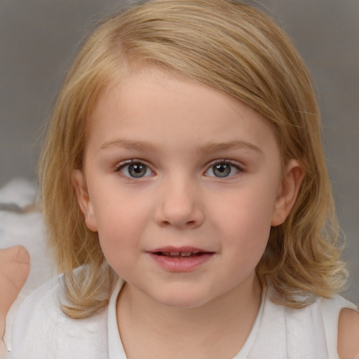 Neutral white child female with medium  brown hair and blue eyes