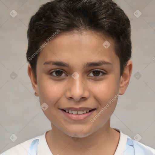 Joyful white child male with short  brown hair and brown eyes