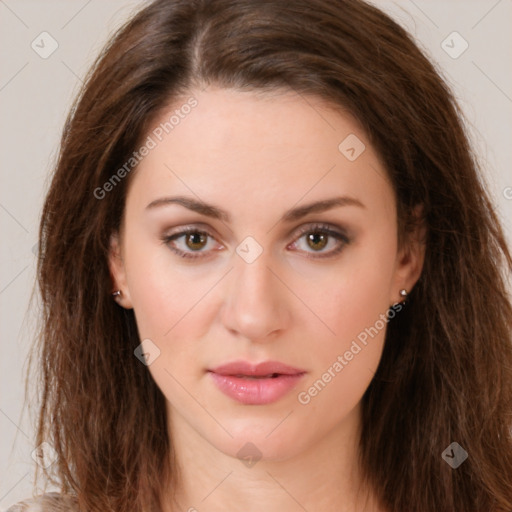 Neutral white young-adult female with long  brown hair and brown eyes