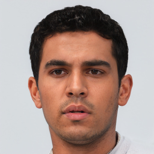 Neutral asian young-adult male with short  black hair and brown eyes