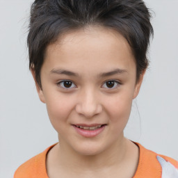 Joyful white child female with short  brown hair and brown eyes