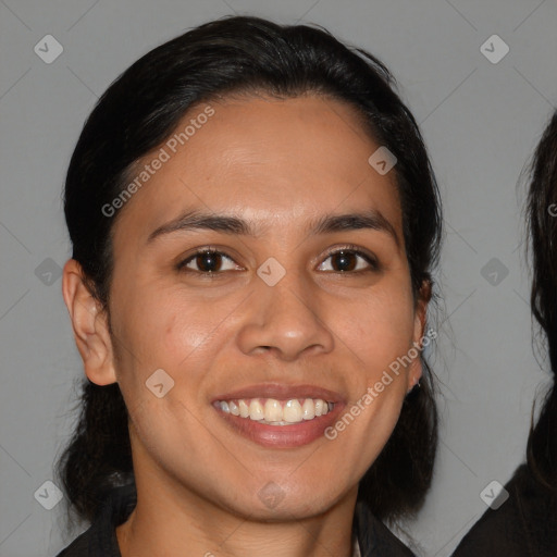 Joyful white young-adult female with medium  brown hair and brown eyes